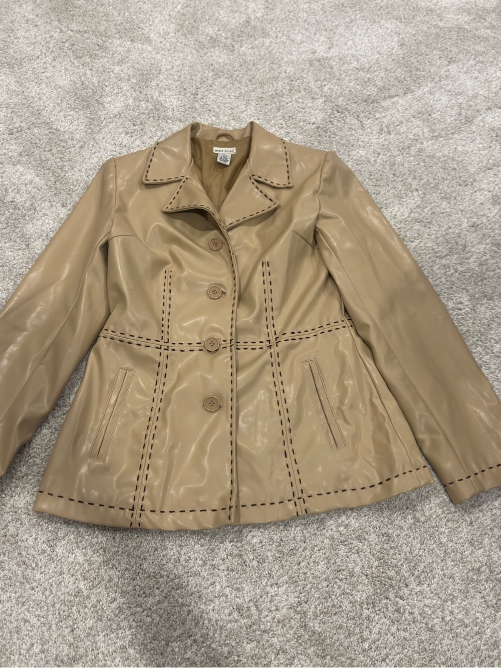 VTG Y2K Wet Seal Beige Faux Leather Whipstitch Trench Jacket